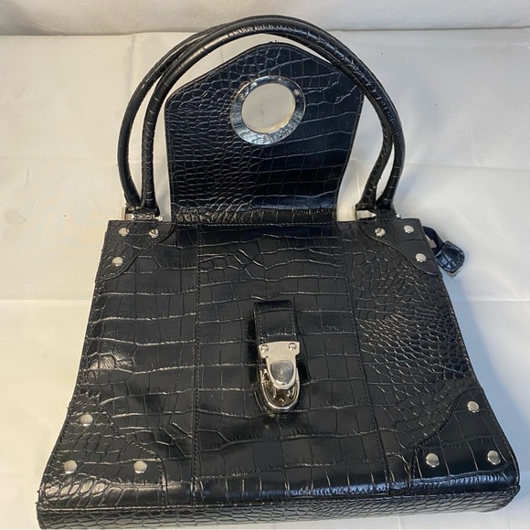 90s Structured Handbag Black Croc Embossed Box Purse Chenson - Picture 6 of 14